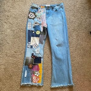 High waisted Urban Outfitters wide-leg jeans with cute patchwork